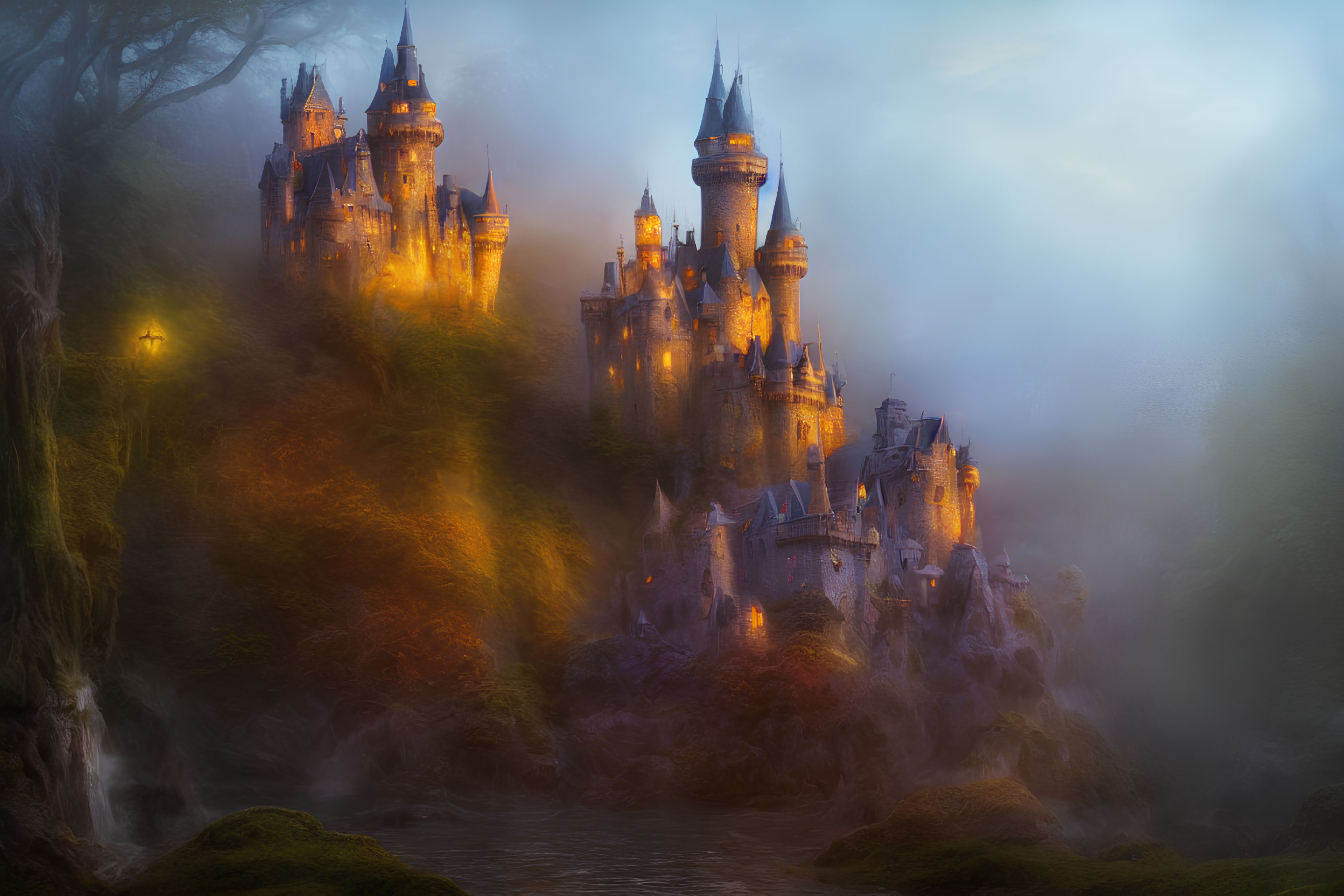 Mystical castle in warm light amid mist and greenery