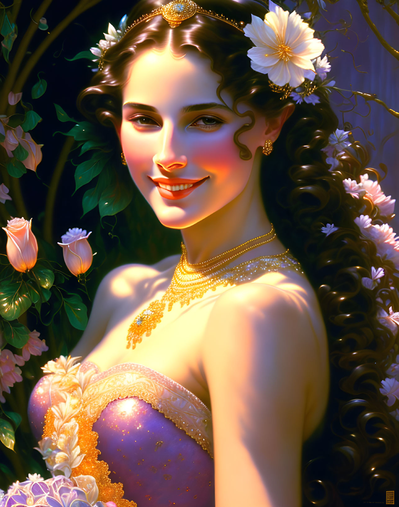 Illustrated woman with dark hair in floral tiara and sparkly purple dress among lush flowers