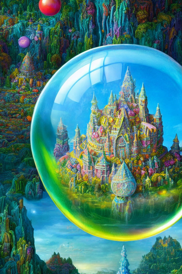 Detailed fantasy artwork: whimsical castle in a bubble with colorful landscapes.