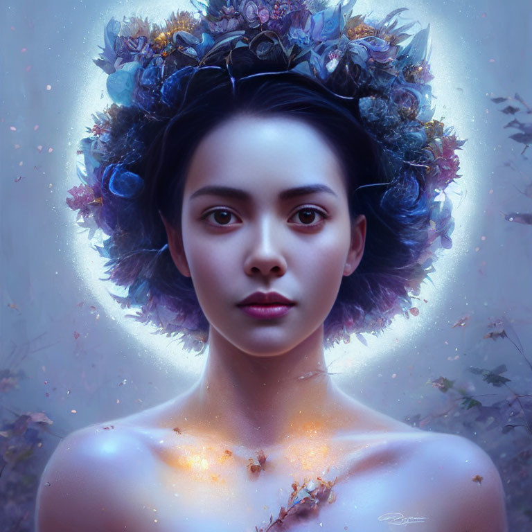 Ethereal digital art portrait of a woman with floral wreath