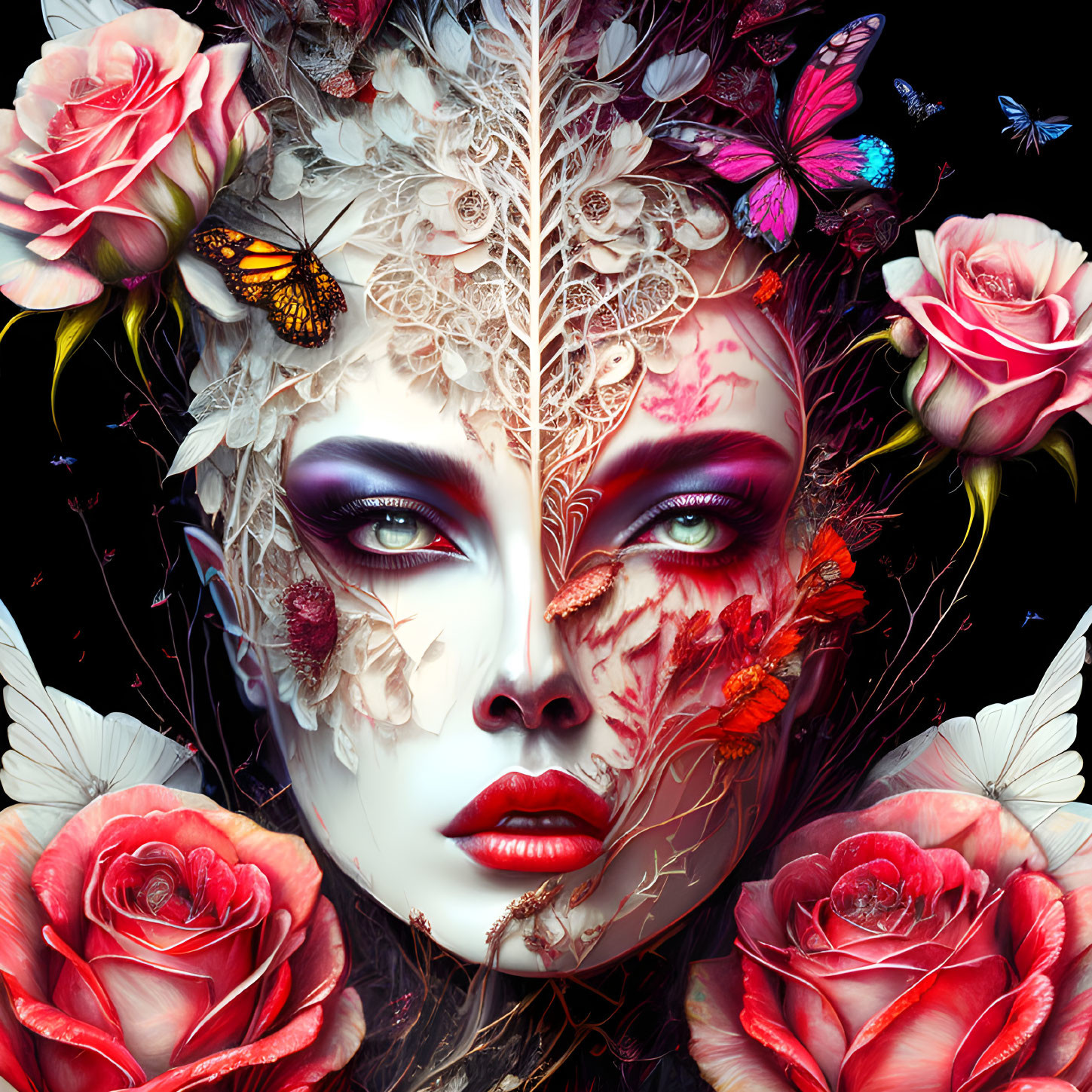 Vibrant surreal portrait with floral and butterfly motifs on a dark background