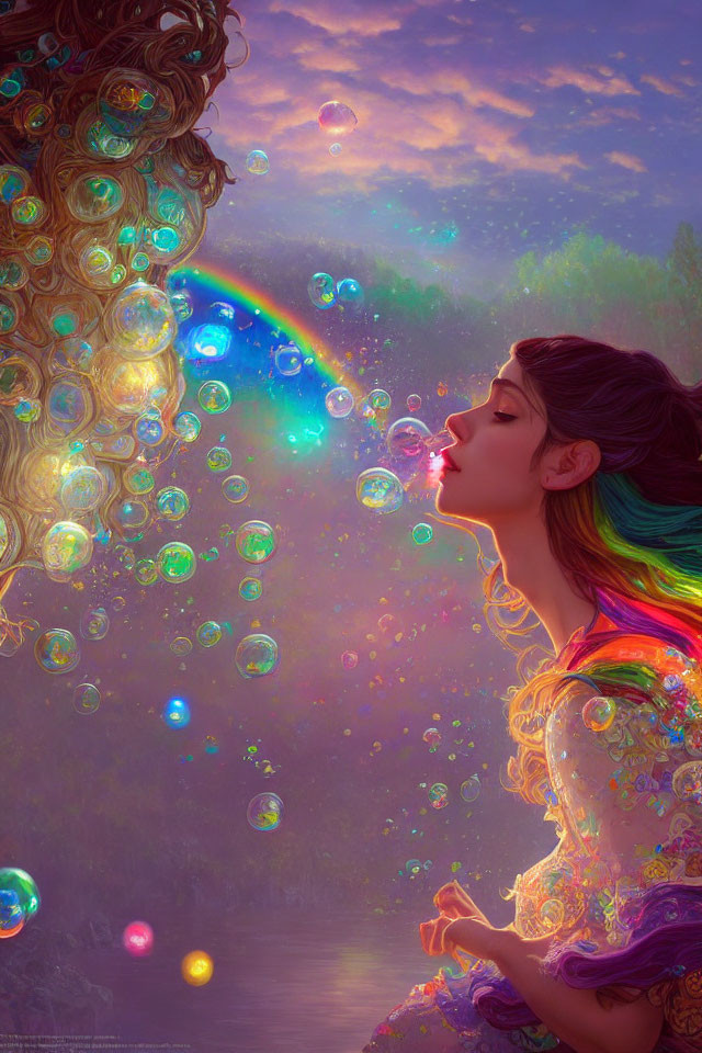 Colorful-haired woman blows iridescent bubbles in dreamy landscape