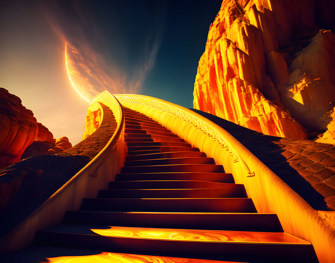 Surreal glowing staircase amidst red rock formations