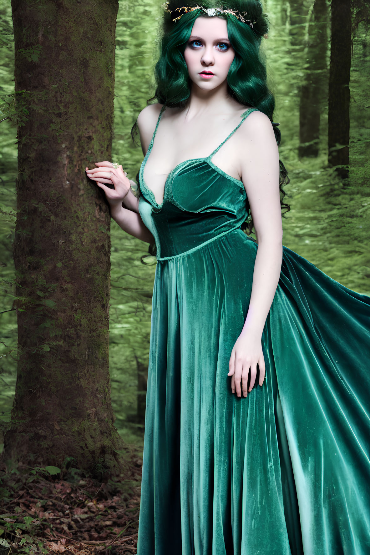 Green-haired woman in velvet emerald gown and floral crown in forest