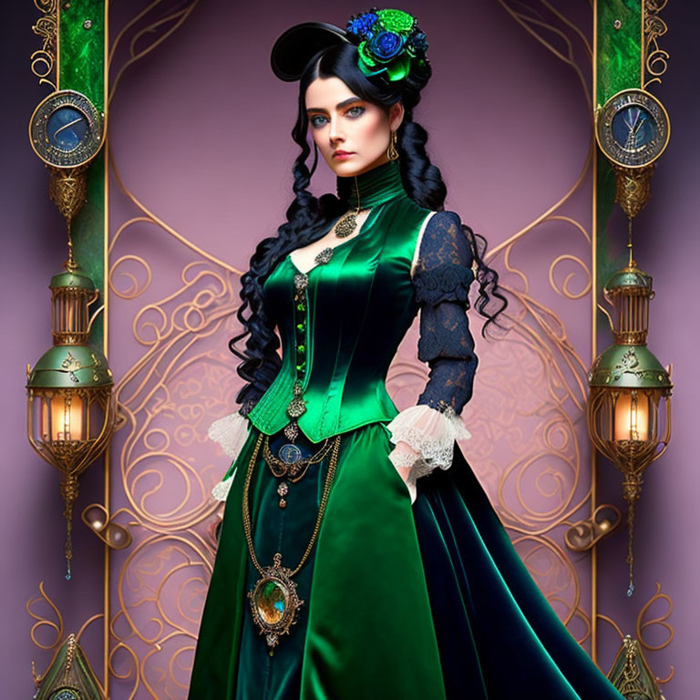 Elegant woman in green Victorian dress with lace sleeves and jewelry, posing against purple backdrop with ornate