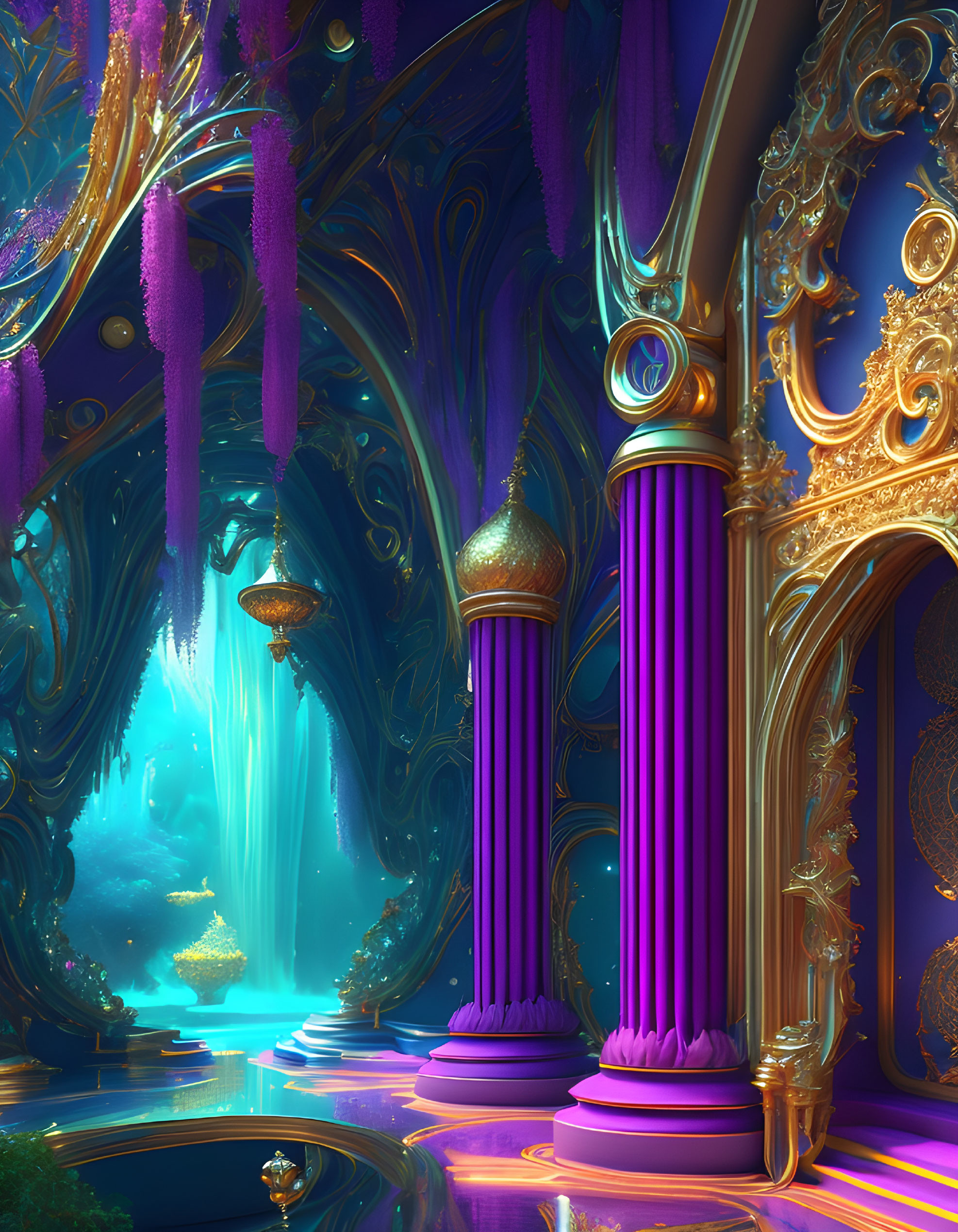 Opulent Fantasy Interior with Golden Accents & Purple Columns