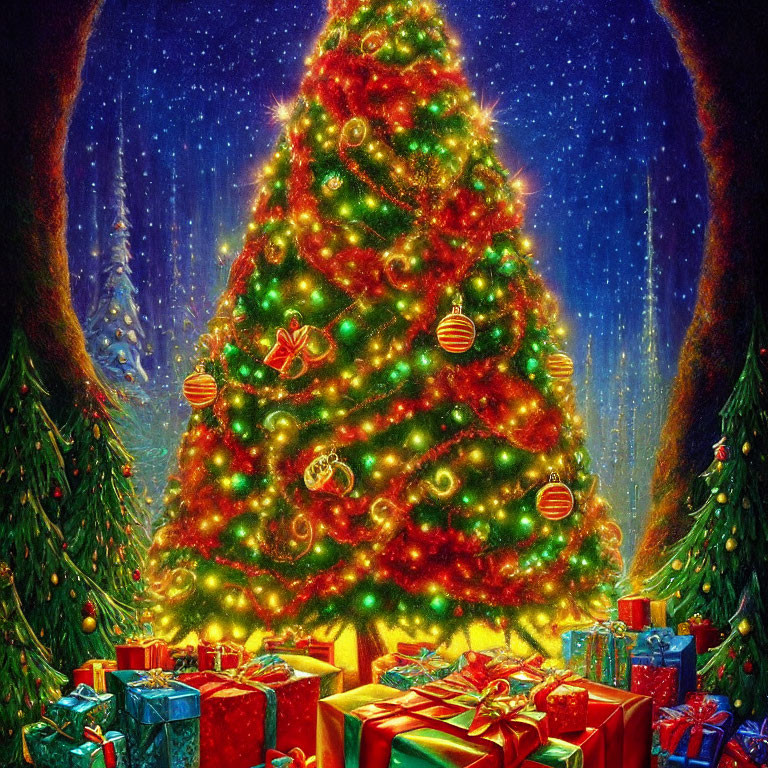 Colorful Christmas tree with presents in festive glow