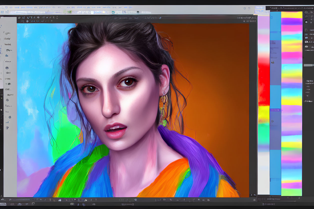 Digital portrait of woman with brown hair and bold makeup in graphic software interface.