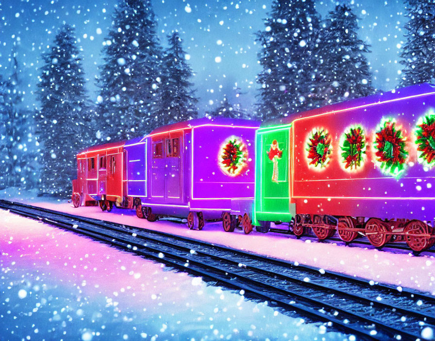 Neon-Lit Holiday Train on Snowy Tracks