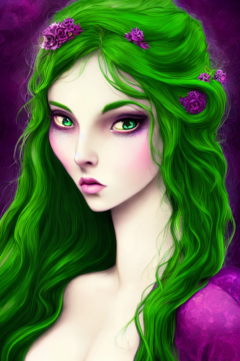 Vivid green hair woman portrait with purple flowers on purple background