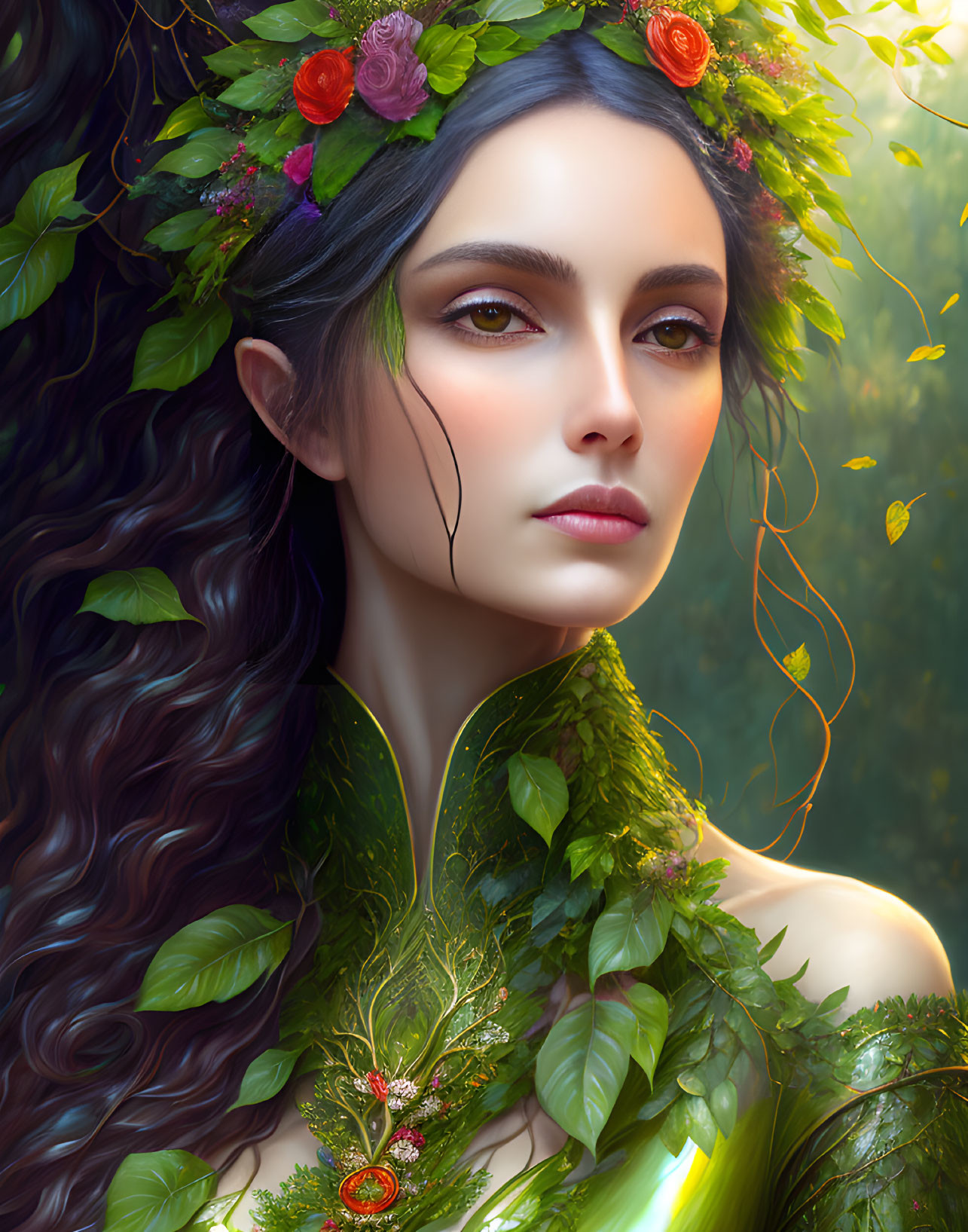 Digital painting of woman with floral crown in forest nymph aesthetic