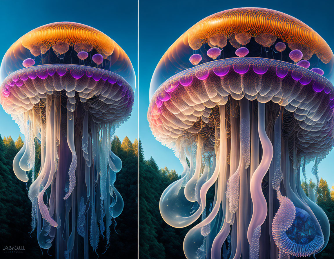 Hyperrealistic Jellyfish in Twilight Forest Setting