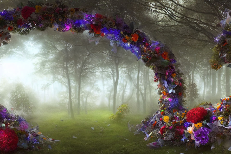 Vibrant Floral Arches in Enchanting Forest Pathway