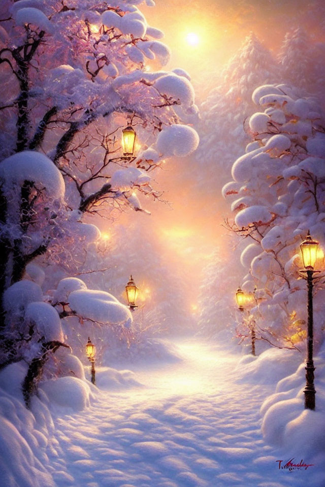 Snowy Path with Snow-Covered Trees and Glowing Street Lamps in Warm Light