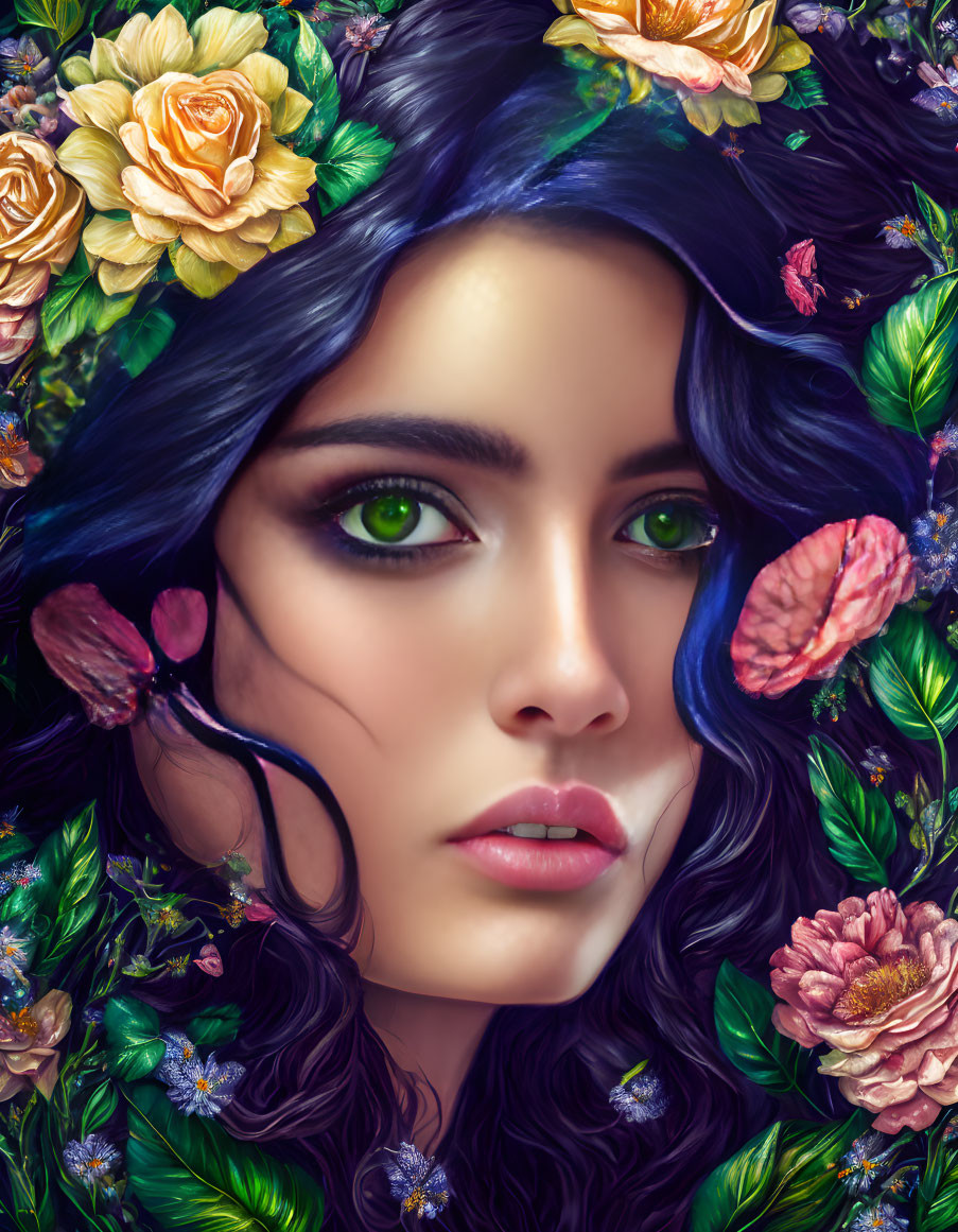 Portrait of woman with vivid green eyes, dark hair, and colorful flowers.