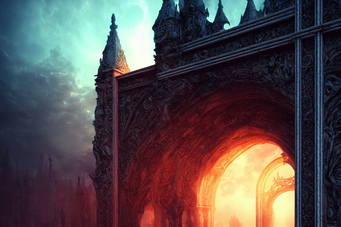 Gothic archway frames fantastical landscape with glowing sky