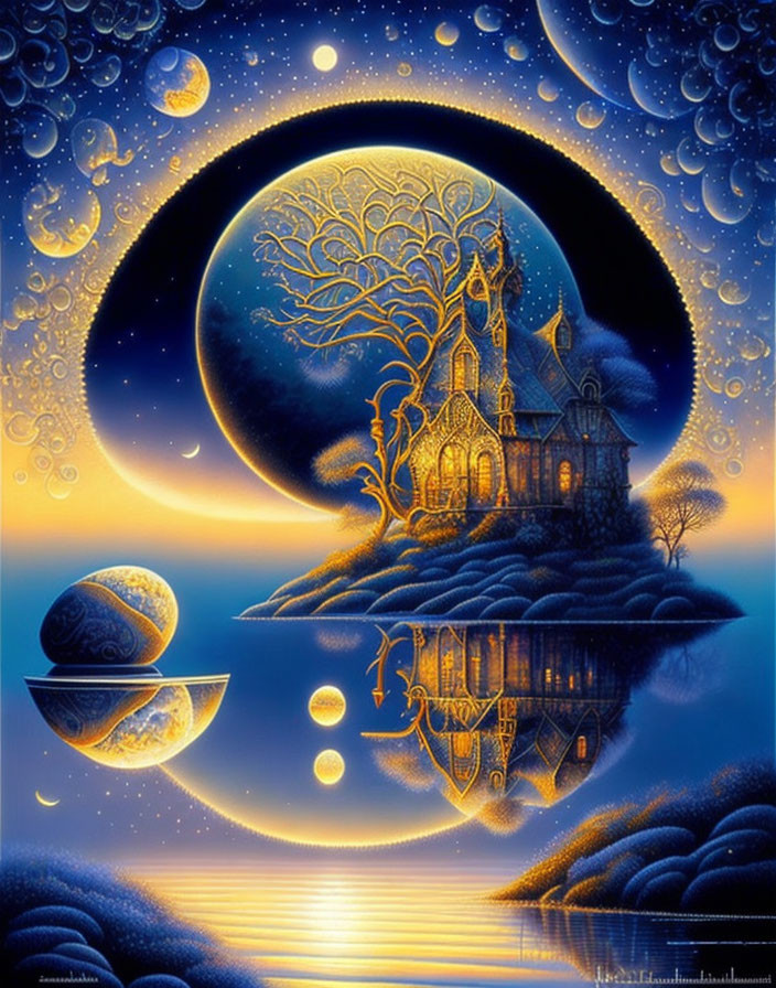 Enchanting nightscape with glowing house, moon-shaped tree, and multiple moons.