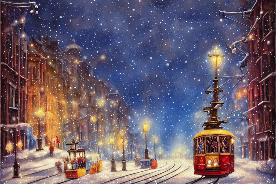 Snowy Street Scene: Vintage Trams, Lit Buildings, Starry Sky