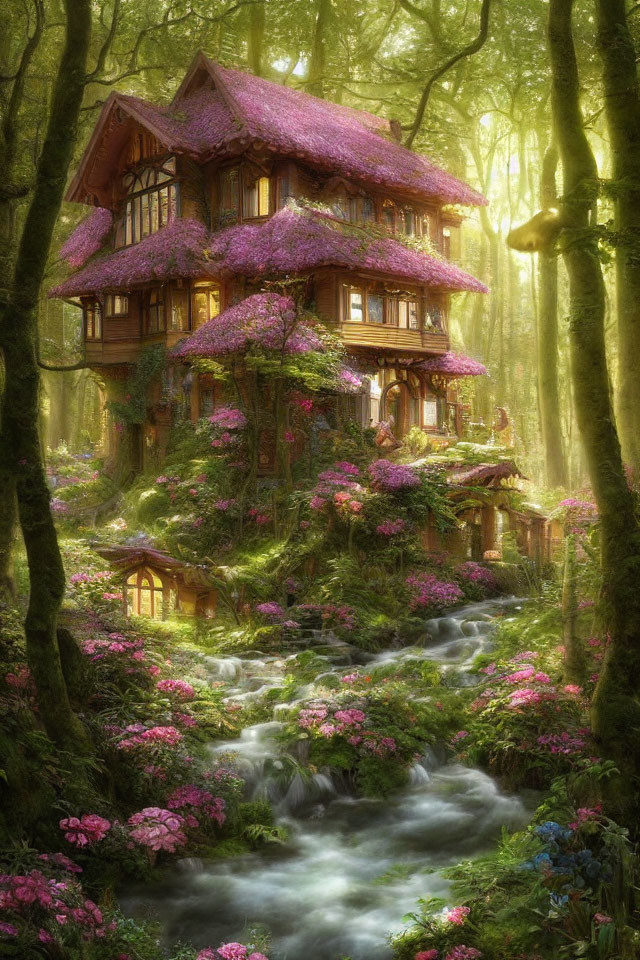 Wooden cottage with purple flowers in forest stream sunlight