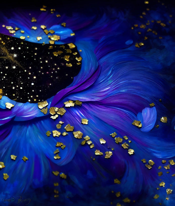 Abstract Cosmic Painting with Blue, Violet, Gold Leaf, Black Space, White Stars