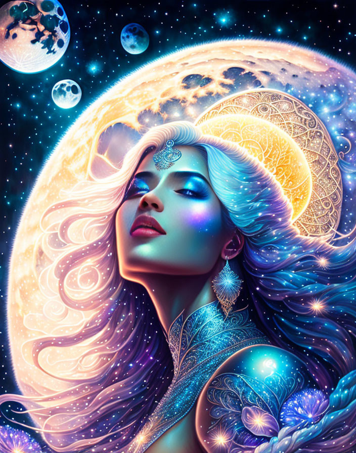 Celestial-themed woman illustration with moons, stars, galaxies, and butterflies