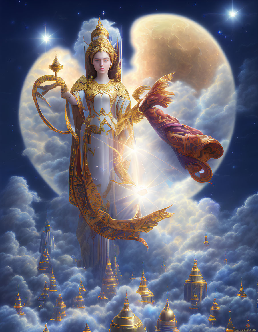 Golden armored celestial female figure with staff in celestial setting