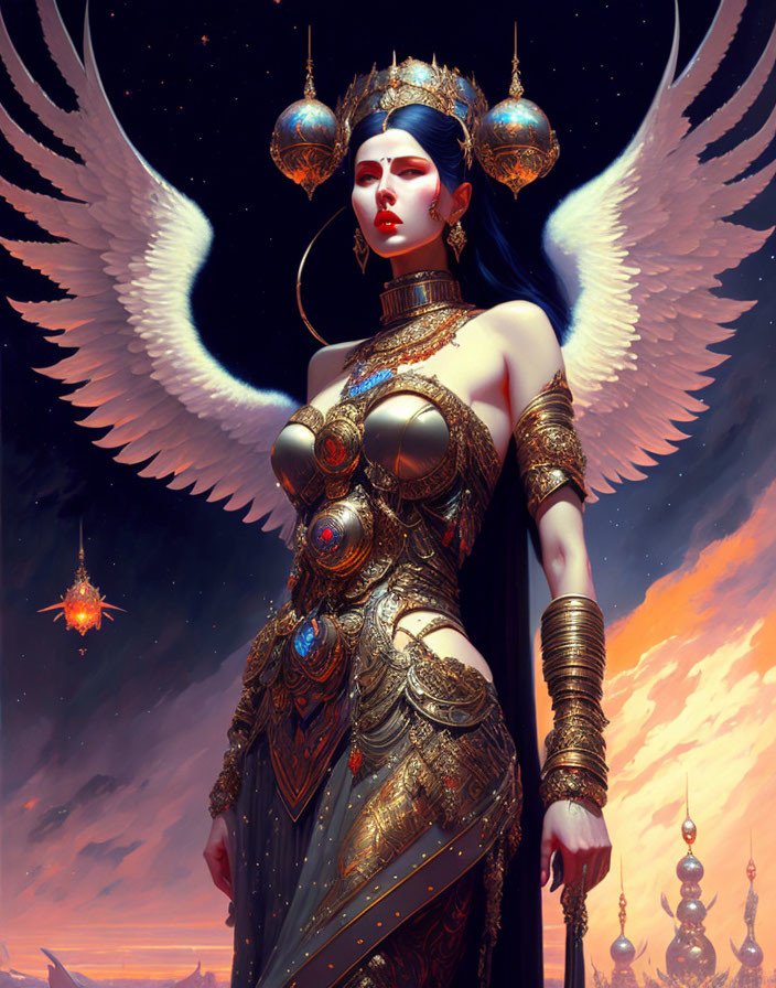 Celestial figure in ornate armor with wings and orbs on cosmic backdrop