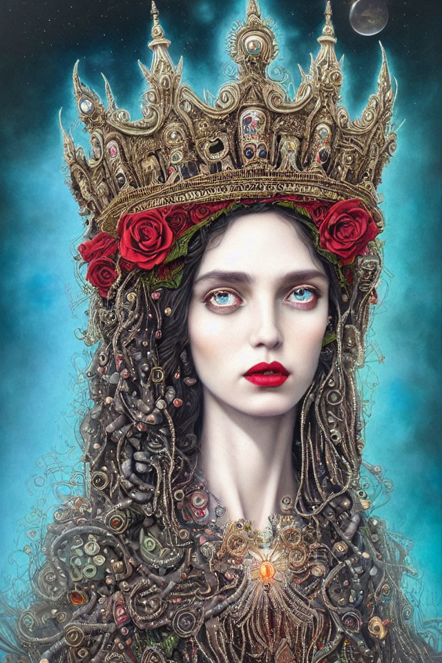 Piercing Blue-Eyed Woman in Crown with Roses on Blue Background