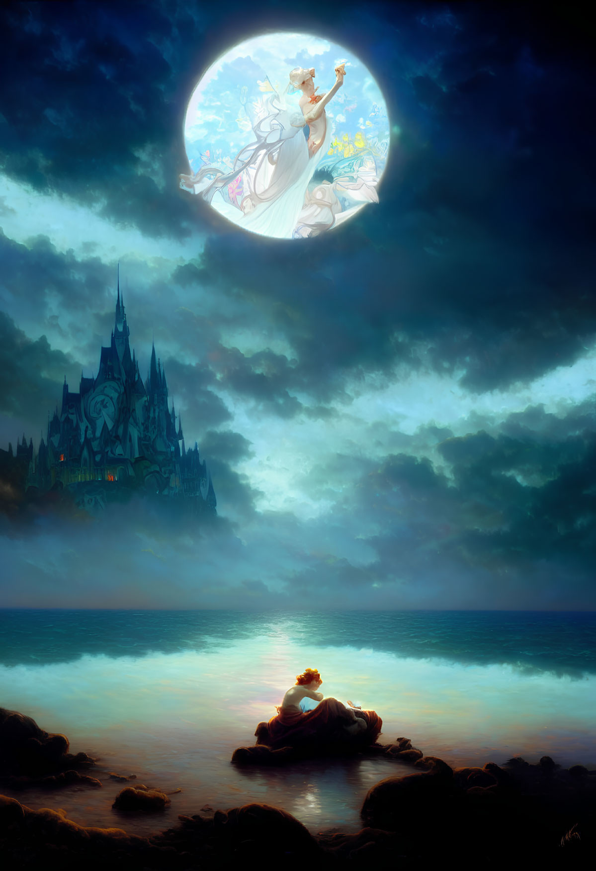 Moonlit Waterbody Scene: Person on Rock Gazing at Luminous Full Moon, Castle,