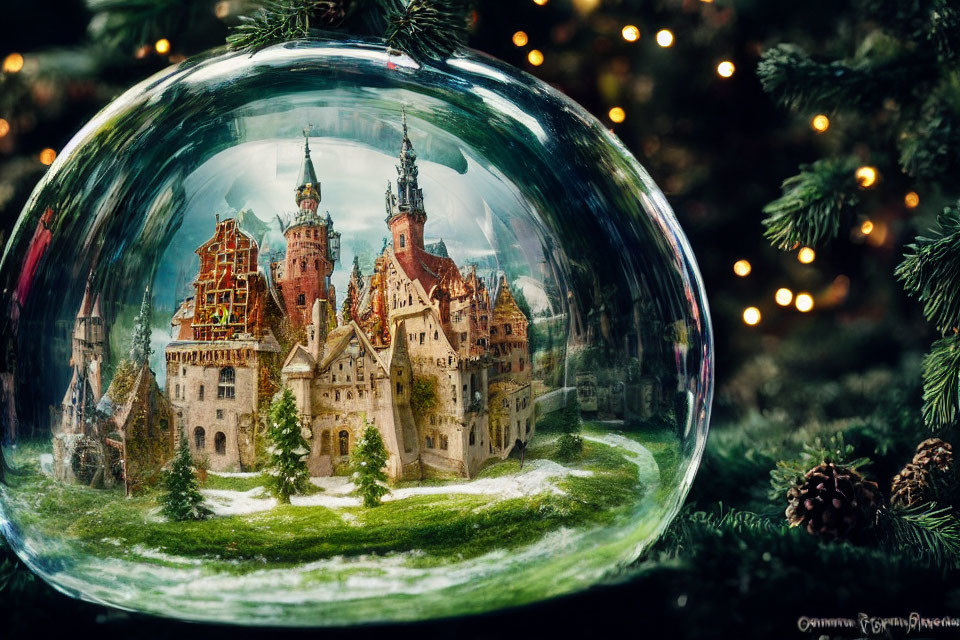 Miniature castle in snow globe with festive greenery and twinkling lights