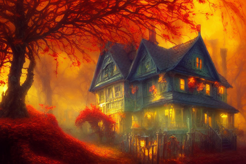 Victorian-style house in autumn setting with mystical Halloween vibe