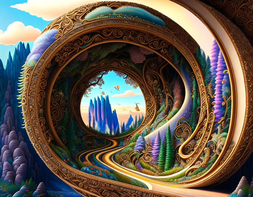 Colorful surreal landscape with ornate frame details and stylized trees.