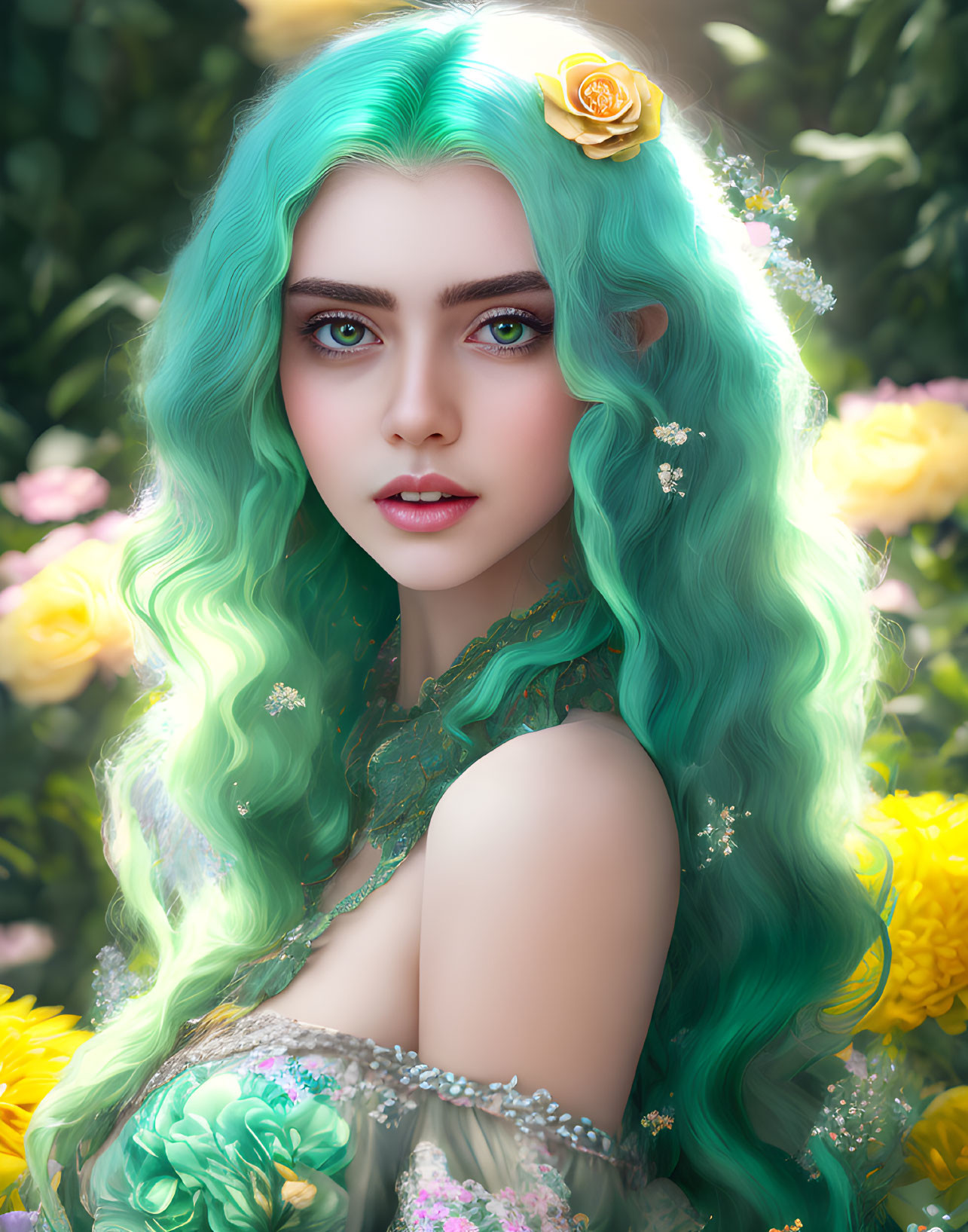 Woman with Green Hair and Rose Adornment Surrounded by Floral Blooms