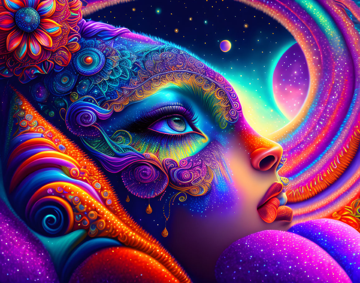 Colorful digital artwork: Woman's face with cosmic and floral elements