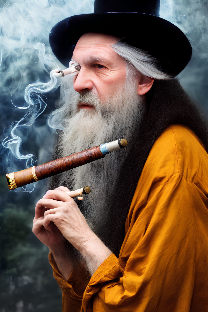 Elderly man with gray beard and top hat smoking a cigar in yellow shirt