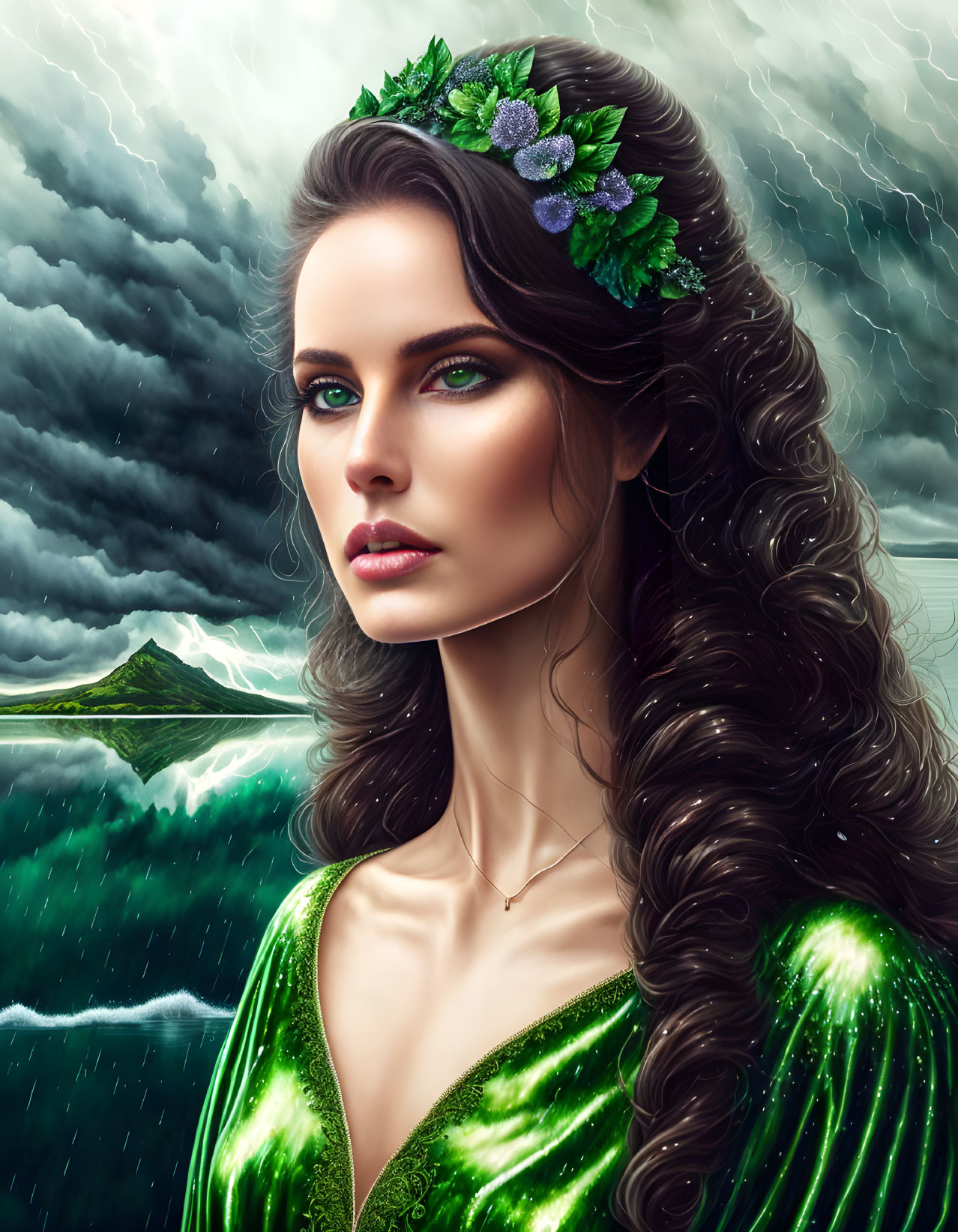 Curly-haired woman in green dress under stormy sky by ocean