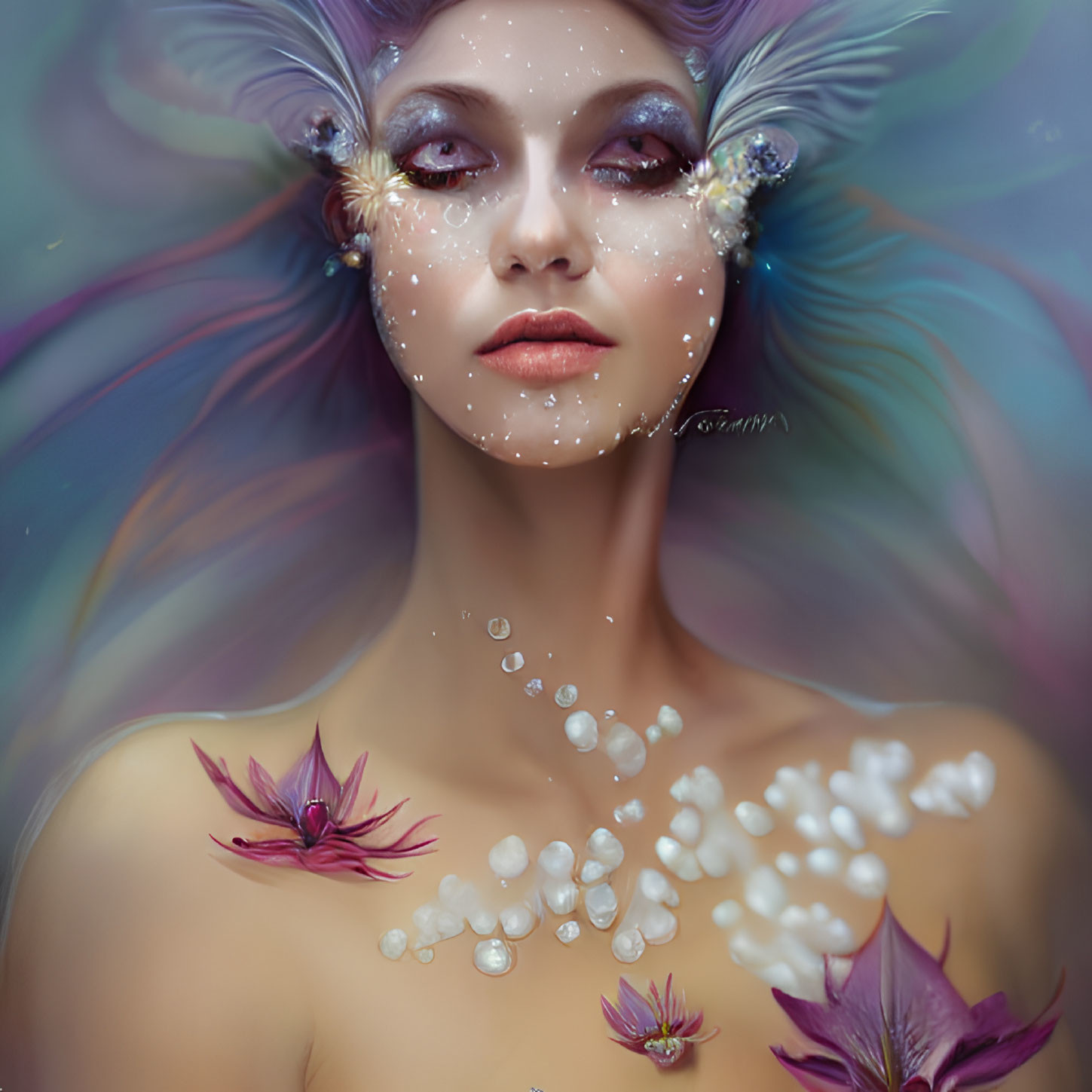 Ethereal woman portrait with flowers, pearls, and shimmering accents