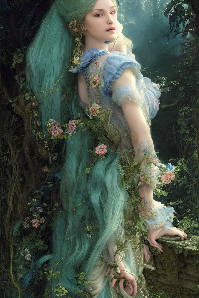 Woman with Long Teal Hair Surrounded by Flowers and Vines in Forest Scene