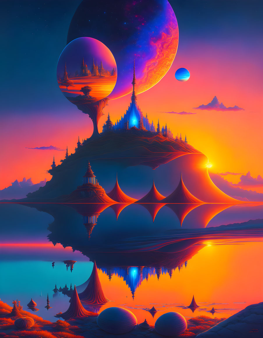 Surreal digital artwork: vibrant landscape, floating islands, reflective water, spired structures, massive