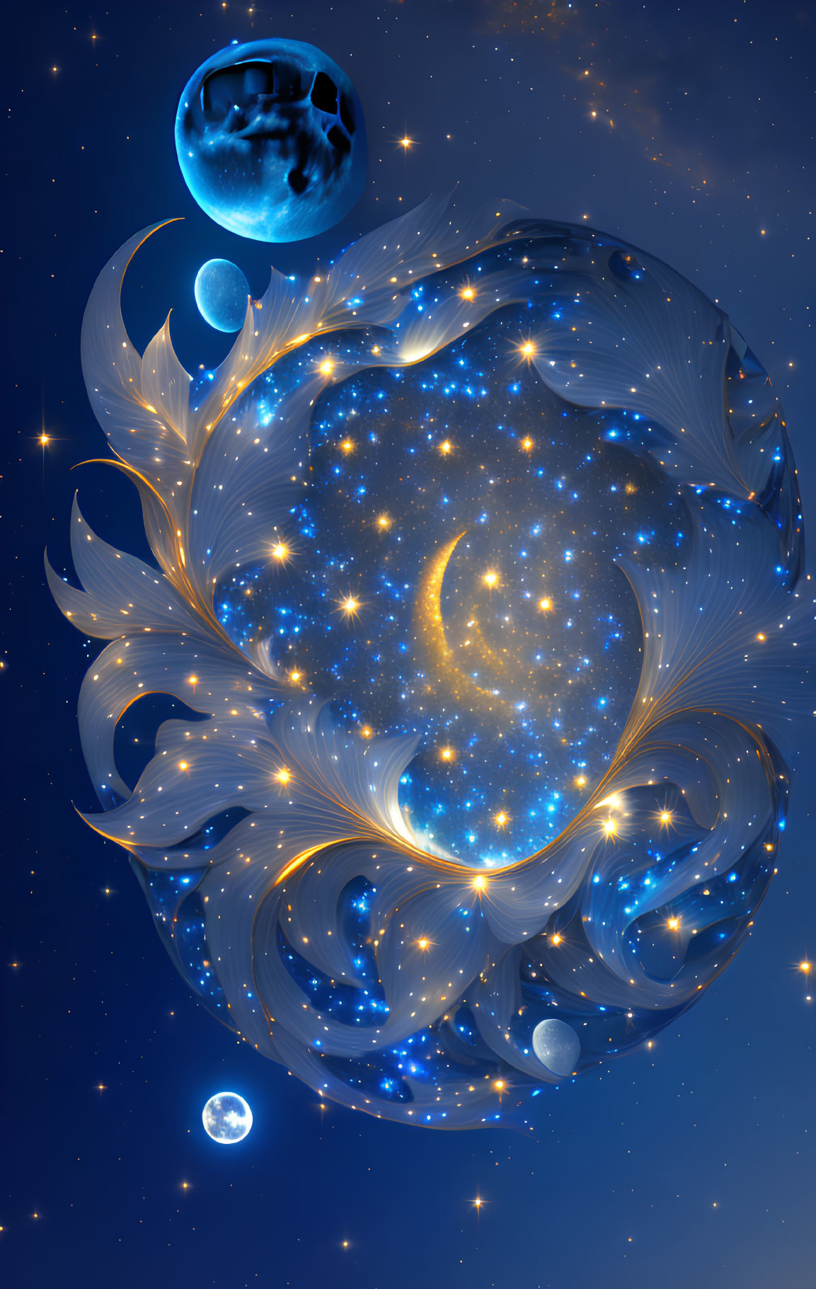 Celestial themed illustration with glowing moon, stars, planets, and galaxy patterns in blue and gold.