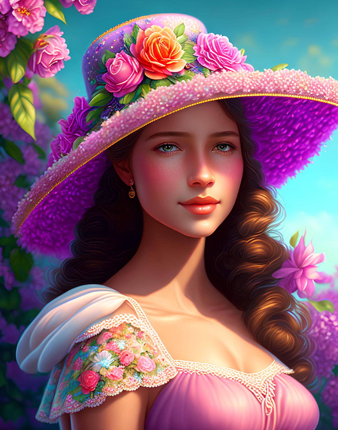 Digital portrait of woman with long curly brown hair in pink dress and floral hat against floral background