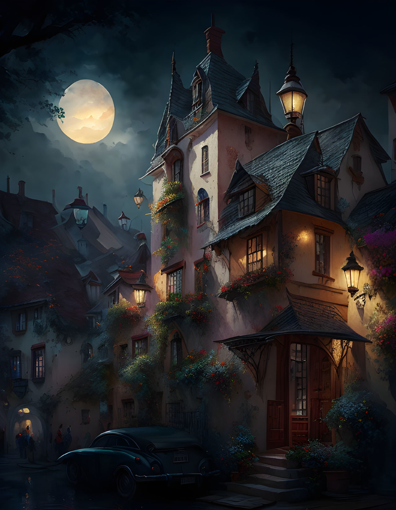 Charming vintage street scene with full moon and old house