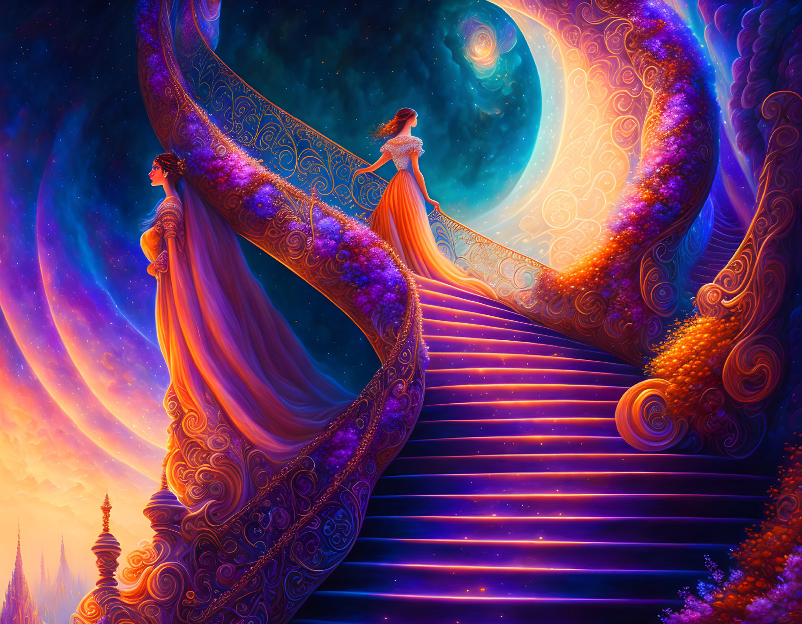 Illustration of two women on ornate staircase under starry sky