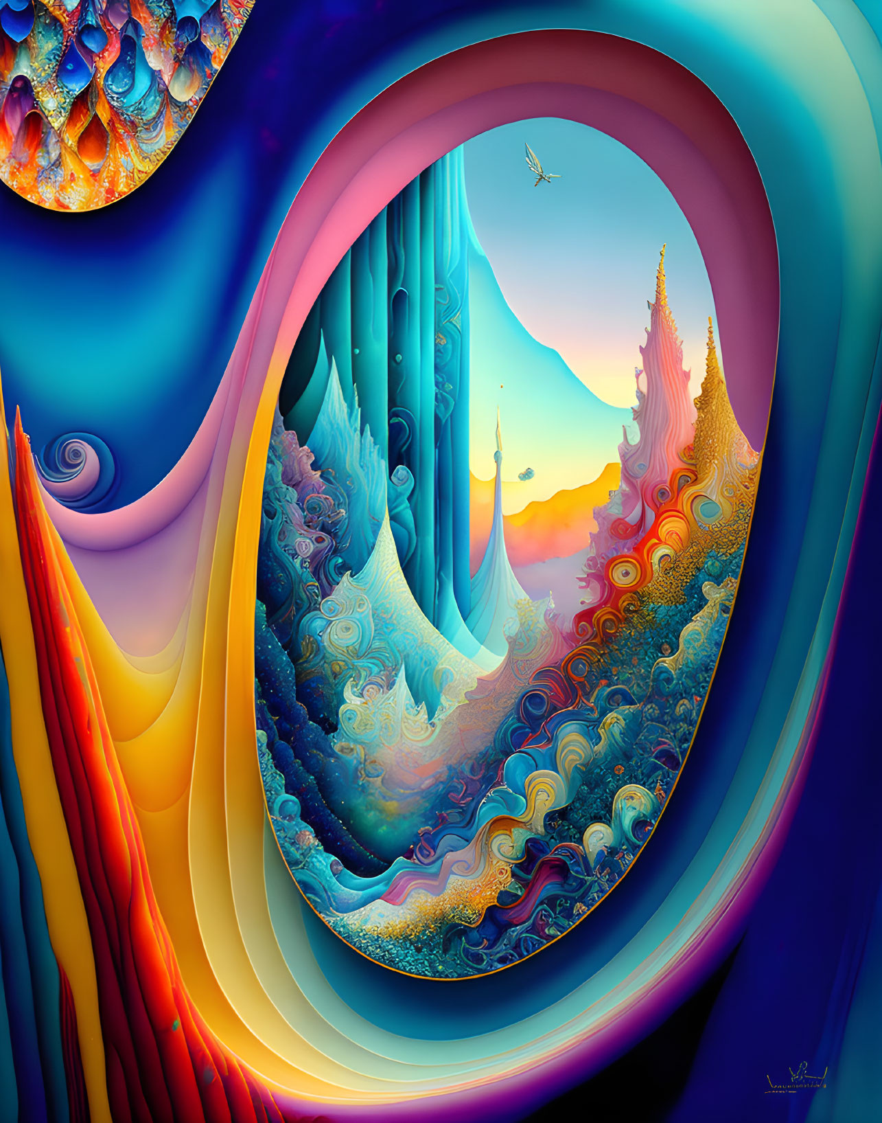 Colorful surreal artwork with swirling patterns and celestial elements