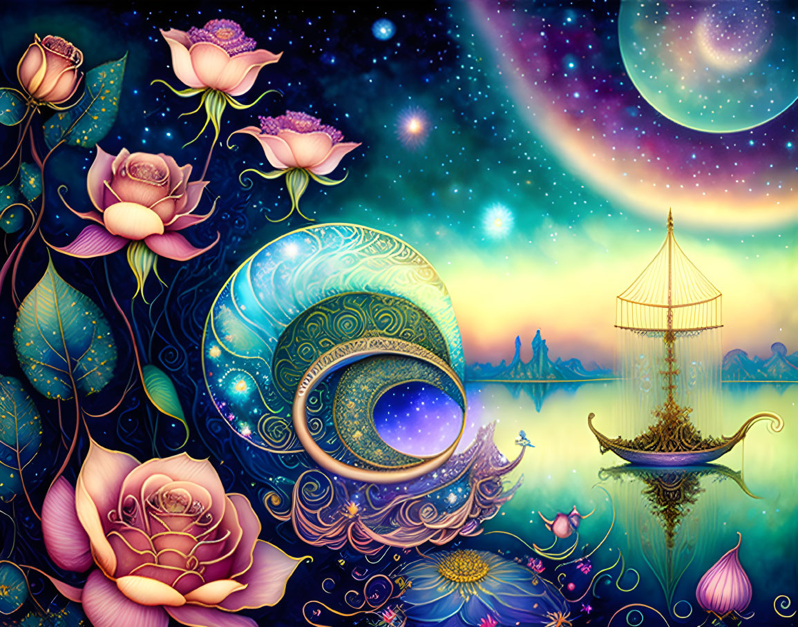 Digital artwork: Crescent moon, roses, ship, starry sky & planets