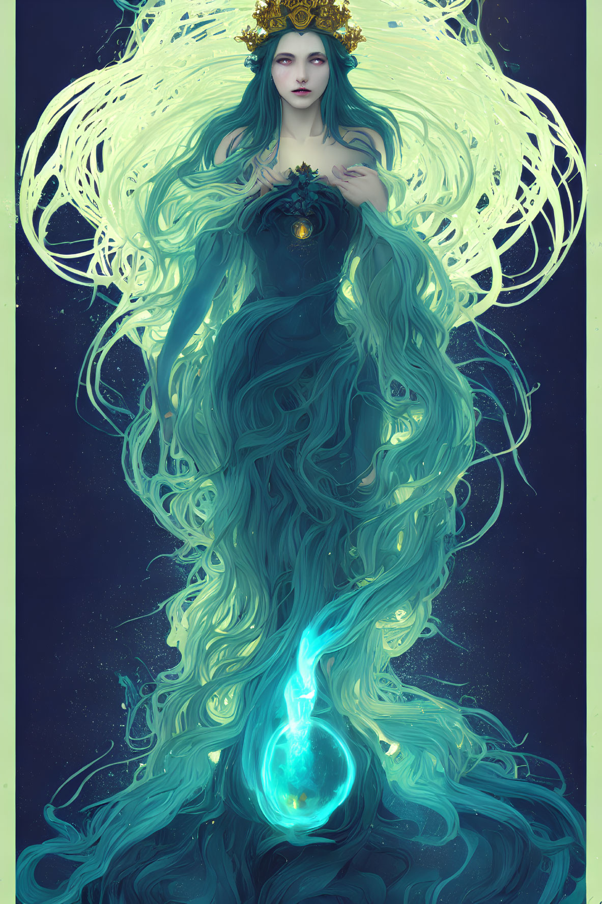 Ethereal figure with green hair and crown holding glowing blue orb