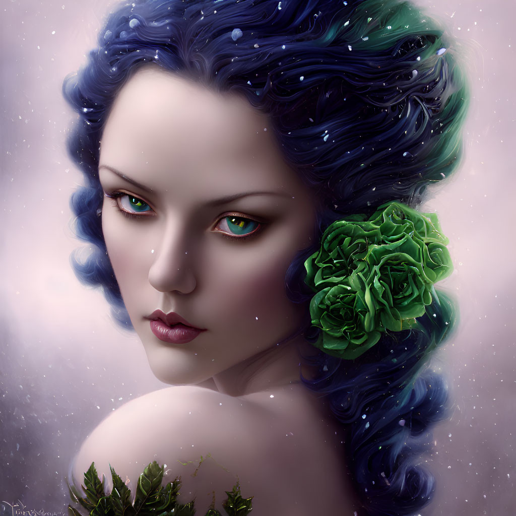 Digital portrait of a woman with blue hair and green eyes, adorned with a green flower, against a