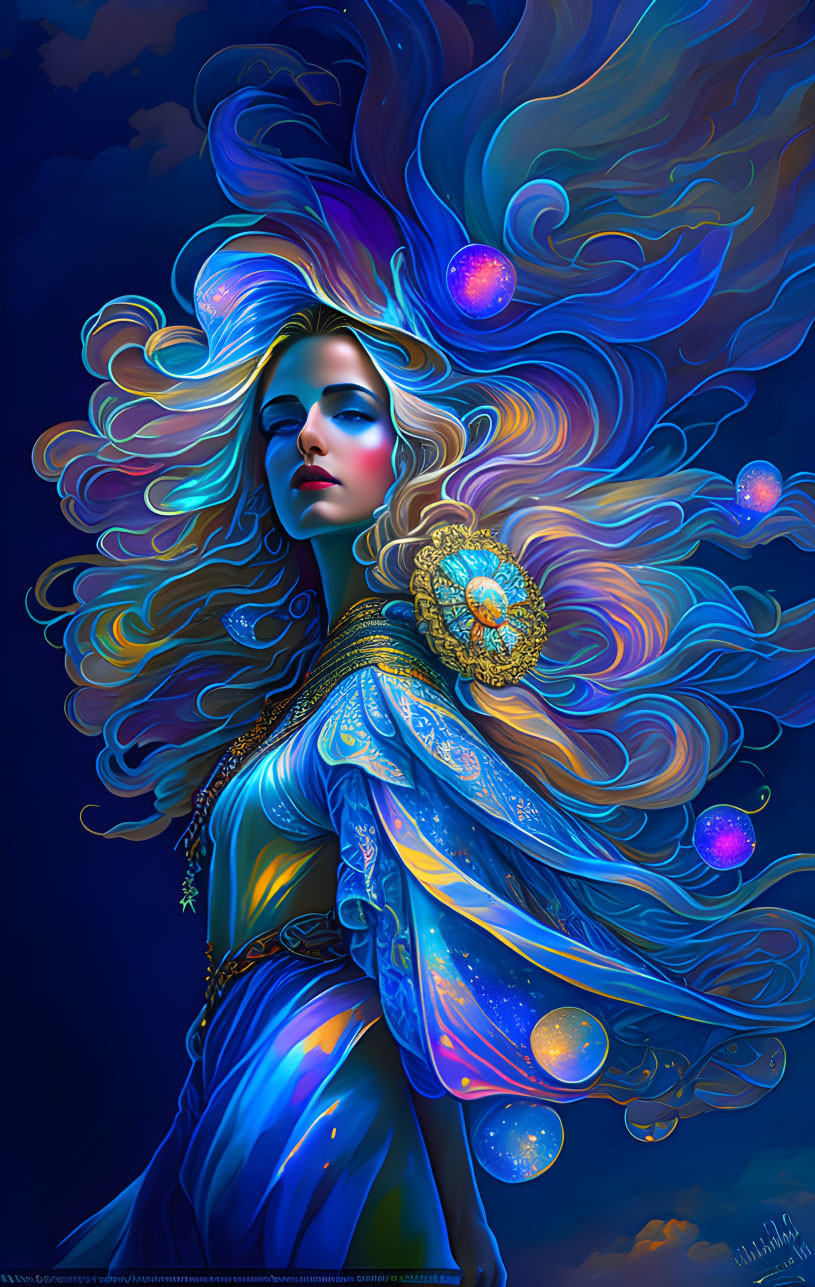 Vibrant illustration of a woman in celestial-themed attire