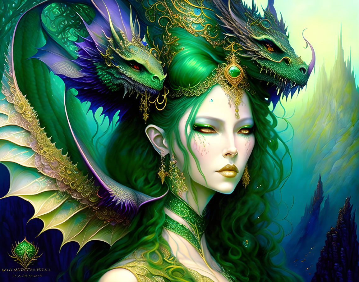 Fantastical green-skinned woman with dragons in mystical forest