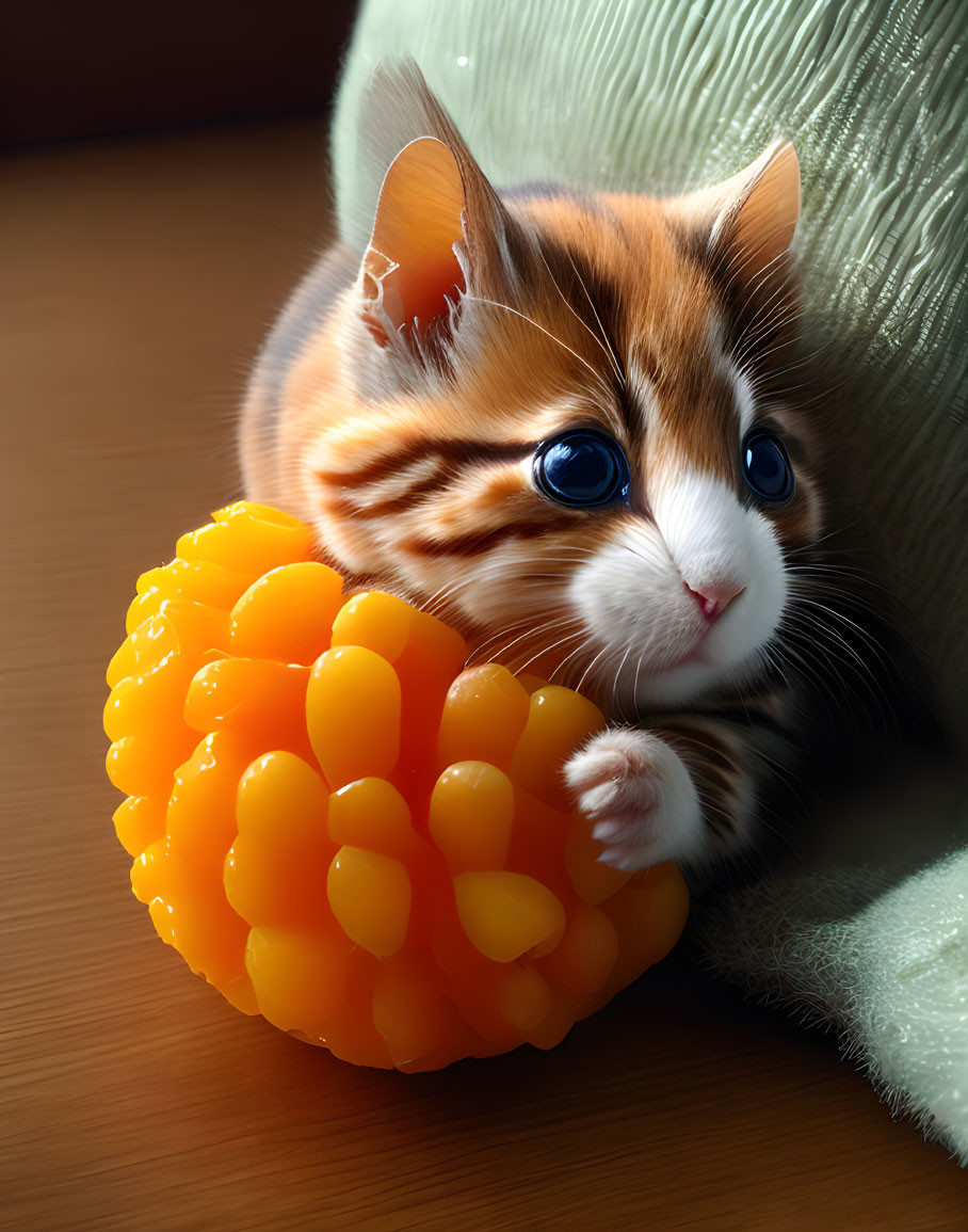 Orange and White Kitten with Blue Eyes Holding Yellow Ball on Wooden Surface
